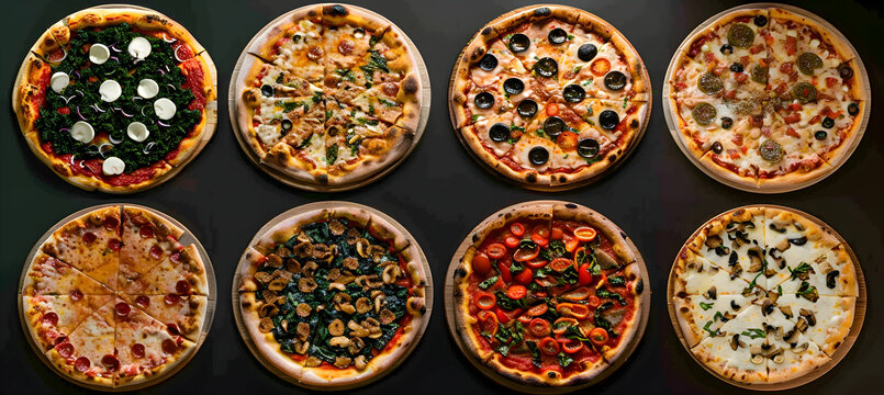 A variety of Neapolitan pizzas with different toppings, captured with vibrant colors and detailed textures