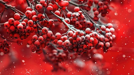 Red bunches of rowan covered with the first snow