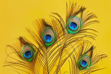 Obraz premium Vibrant peacock feathers fan out on a yellow background, showcasing intricate patterns and iridescent colors