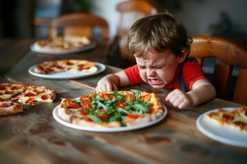 little boy preschooler crying and making faces over plate of food. child does not want to eat. boy being fussy in restaurant. pizza, salad, lack of appetite, child tantrums, bad behavior