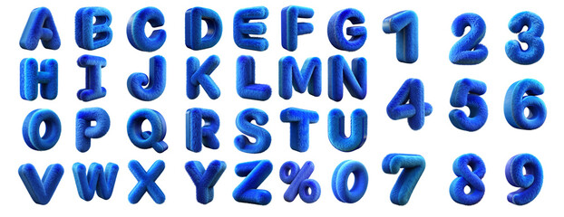Blue fur alphabet set letters and numbers isolated on white background