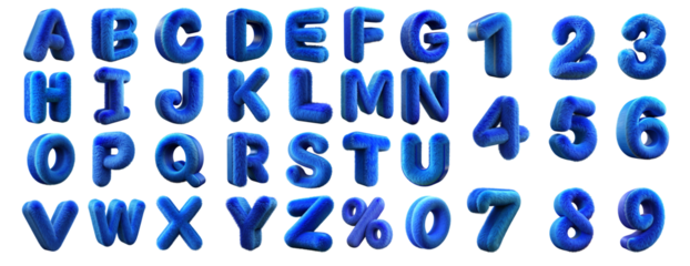 Blue fur alphabet set letters and numbers isolated on white background
