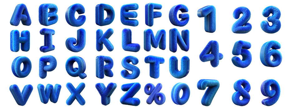 Blue fur alphabet set letters and numbers isolated on white background