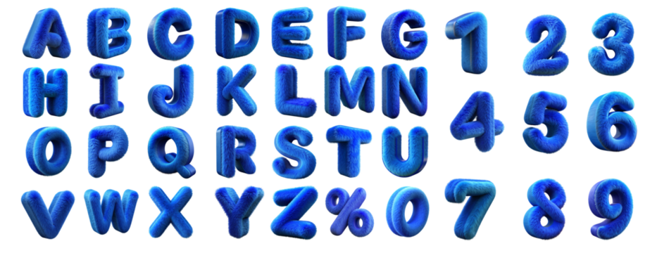 Blue fur alphabet set letters and numbers isolated on white background