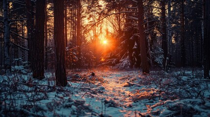 Winter sunset in the forest.