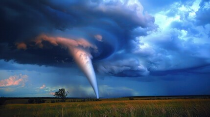 A massive tornado swirls under a dark and moody sky across a vast field, showcasing the raw power and intensity of nature's fury during a violent storm.