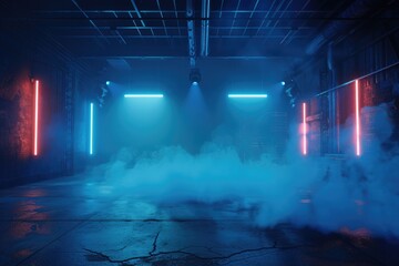 Naklejka premium Dark stage with neon lights smoke and studio room texture.
