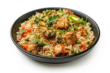Delicious spicy chicken biryani on black plate.
