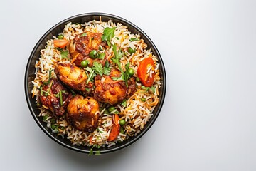 Fototapeta premium Spicy chicken biryani in traditional bowl for festive occasions.