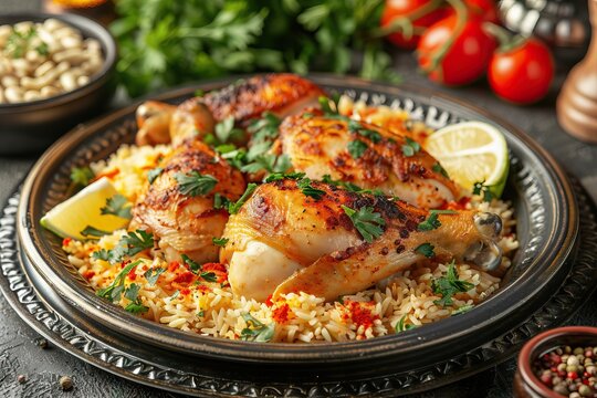 Traditional Arabic food  kabsa with chicken on a plate.