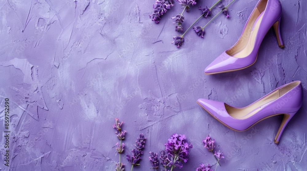 Wall mural Stylish heels on lavender backdrop with room for text