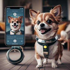 Cute Small Dog Wearing a Modern High-Tech Collar with Smartphone Interface