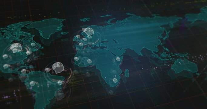 AI head artificial intelligence machine learning symbols over world map. Seamless looped technology concept.