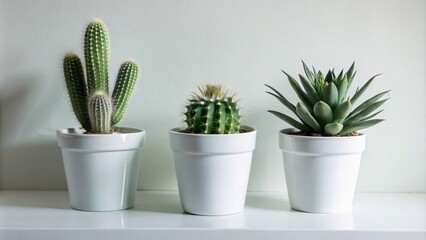 Three small cactus and succulent plants in white pots on a white table. Potted plants on a white shelf against a white wall,