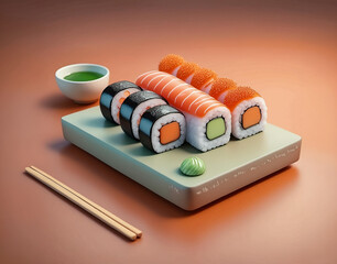 Kreatives Sushi-Rendering: 3D-Kunstwerk auf orangefarbenem Hintergrund

