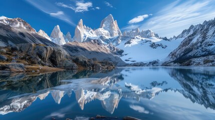 Snow-capped mountain range towering over a tranquil alpine lake reflecting the peaks.