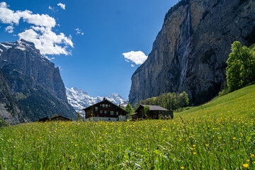 Beautiful typical Swiss house in a meadow with the alps and a waterfall in the background