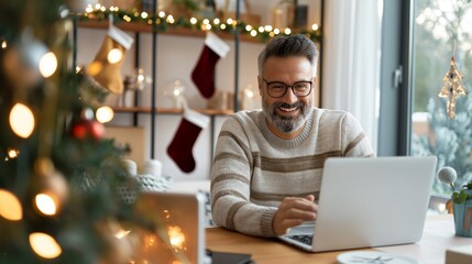 Man working on laptop at home decorated for Christmas with tree, stockings, and festive lights, enjoying the holiday season.