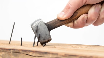 Human hand holding a hammer and hammering nails, white background.