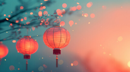 Obraz premium minimalist background featuring simple, elegant outlines of paper lanterns against a soft gradient sky, capturing the beauty and tranquility of Diwali