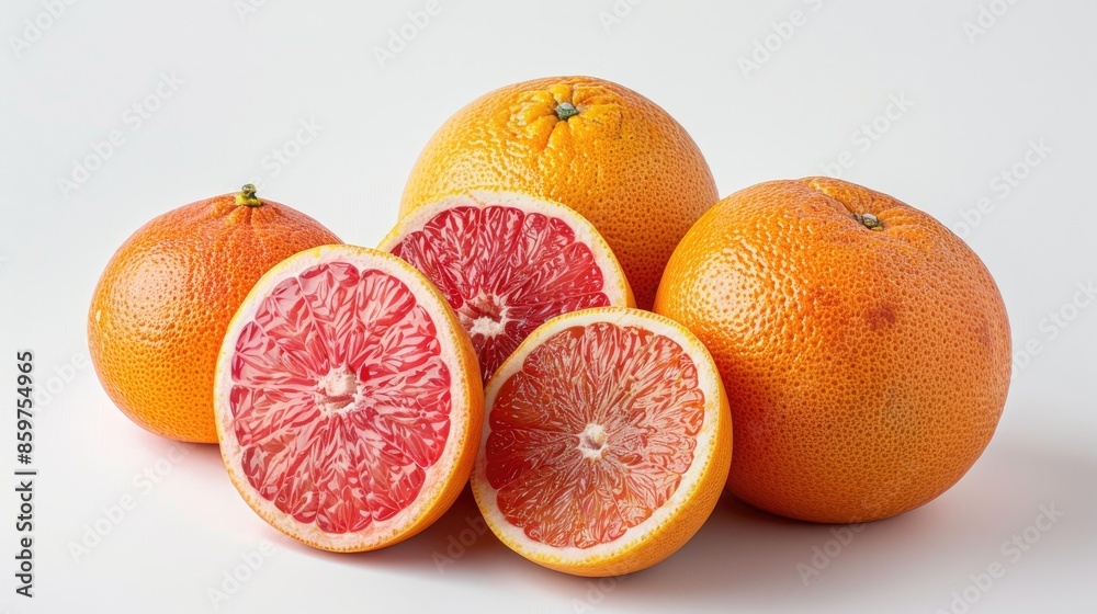 Poster Fresh grapefruit and blood oranges on white background ripe pink grapefruit isolated macro view