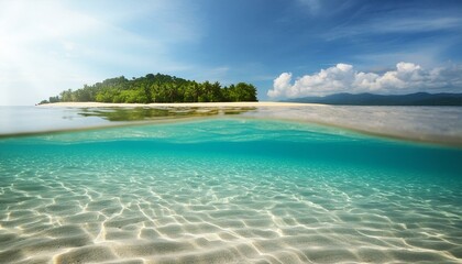 Fototapeta premium Tropisches Abenteuer: Unterwasseraufnahme mit Himmel und Insel 