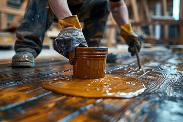 A person wearing gloves is applying varnish to a wooden floor with a brush, creating a smooth and protective finish in a workshop or home renovation setting.