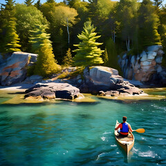 Fototapeta premium Canoe vacation at great lakes of British Columbia Canada. Serene and picturesque canoeing adventure in the heart of stunning wilderness backdrop with rocky islands and crystal-clear waters.