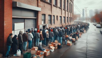 People in line stretch around the corner for food bank and volunteers distribute basic food necessities to those in need. Gravity of a worldwide financial crisis and food affordability. Hungry people