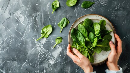 Fresh spinach leaves in bowl held by hands on textured background