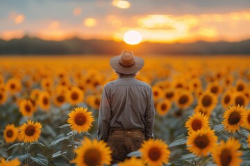 A man wearing a hat is captured from behind as he admires a field of blooming sunflowers beneath a glowing sunset, evoking feelings of peacefulness and reflection.