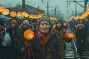 Naklejka premium An elderly man in a woolen hat holds a glowing lantern during a vibrant outdoor festival, surrounded by people, exuding a sense of tradition, warmth, and culture.