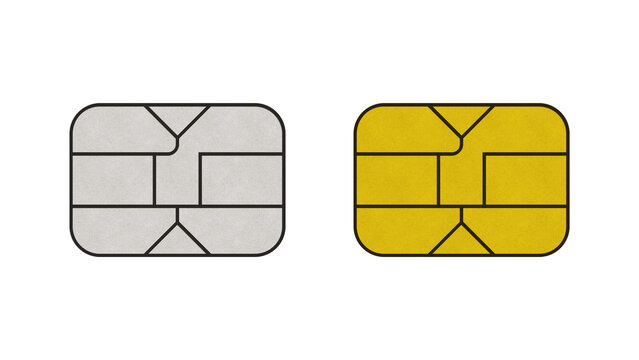 Credit card chip silver and gold isolated on a white background. Sim card chip silver and gold isolated on white background. Debit card chip isolated.