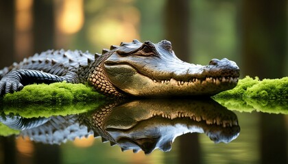 Obraz premium an alligator resting in some water with moss growing around it and reflections of the surrou