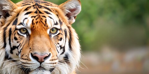 Fototapeta premium A stunning close-up portrait of a magnificent tiger, showcasing its striking orange and black striped coat, piercing yellow eyes, and powerful facial features against a soft, natural background.