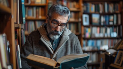 Elderly man reading book in library surrounded by bookshelves