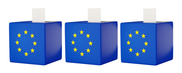 blue voting boxes and white ballot paper in the ballot box. yellow stars of the flag of Europe. concept as European elections, isolated 3d illustration