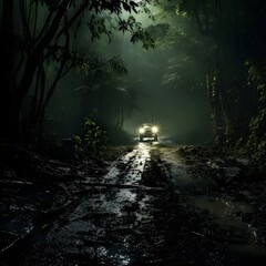 Obraz premium A car is driving down a dark, muddy road in a forest. The scene is eerie and mysterious, as the car is driving through a dark and isolated forest.
