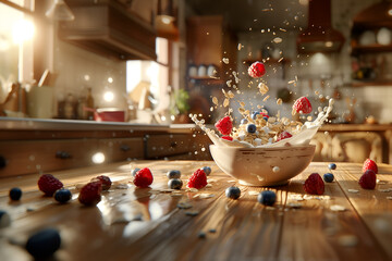 fresh oat flakes müsli with rapsberries and blueberries falling into splashing milk