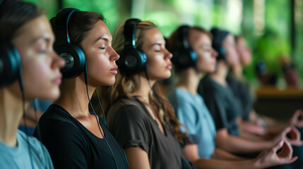 Group yoga session with headphones in serene outdoor setting