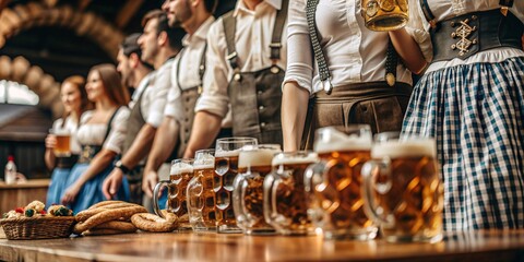 Obraz premium Background for a Banner on the Oktoberfest Theme. Warm, inviting scene at an Oktoberfest celebration showcasing frosty beer mugs, traditional Bavarian attire, and festive pretzels.