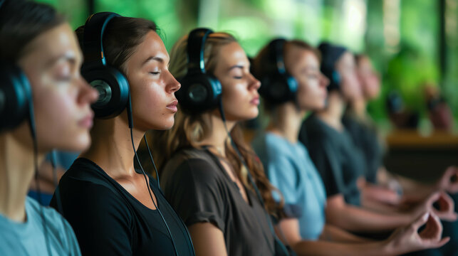 Group yoga session with headphones in serene outdoor setting