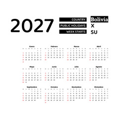 Calendar 2027 Spanish language with Bolivia public holidays. Week starts from Sunday. Graphic design vector illustration.