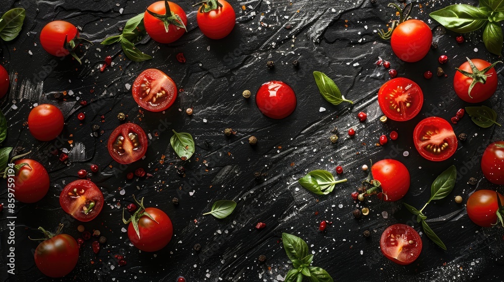 Canvas Prints red cherry tomatoes with spices and herbs on a black background sliced for salads and cooking