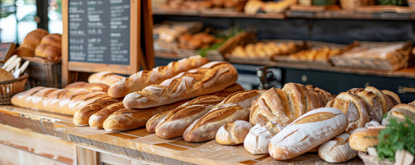 A bakery counter with an array of bread loaves, rolls, and baguettes, with a chalkboard menu in the background. Bright, warm lighting highlights the freshness.