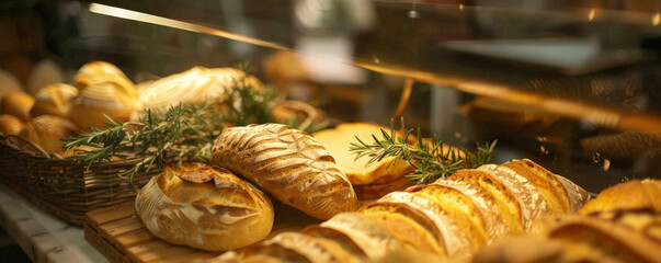 A bakery display with various types of bread, including sourdough, ciabatta, and whole grain, with a few sprigs of rosemary. Bright, inviting lighting highlights the details.
