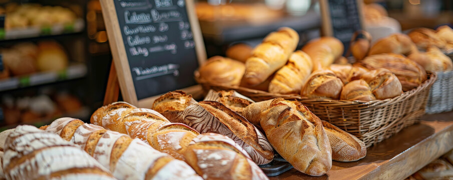 A bakery counter with an array of bread loaves, rolls, and baguettes, with a chalkboard menu in the background. Bright, warm lighting highlights the freshness.