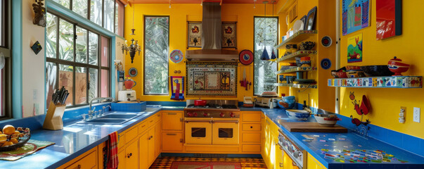 A colorful kitchen with yellow cabinets, blue countertops, and vibrant artwork, creating a cheerful and lively atmosphere.