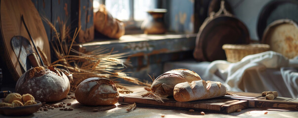 A country-style kitchen table with assorted bread, a vintage bread knife, and a bunch of dried wheat. The scene features warm, inviting colors to evoke nostalgia.
