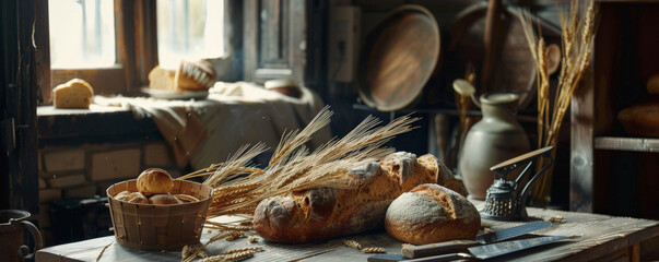 A country-style kitchen table with assorted bread, a vintage bread knife, and a bunch of dried wheat. The scene features warm, inviting colors to evoke nostalgia.
